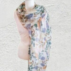 NWOT Elegant Brown & Green Leaf Print Scarf - Polyester Bali Yarn Lightweight…